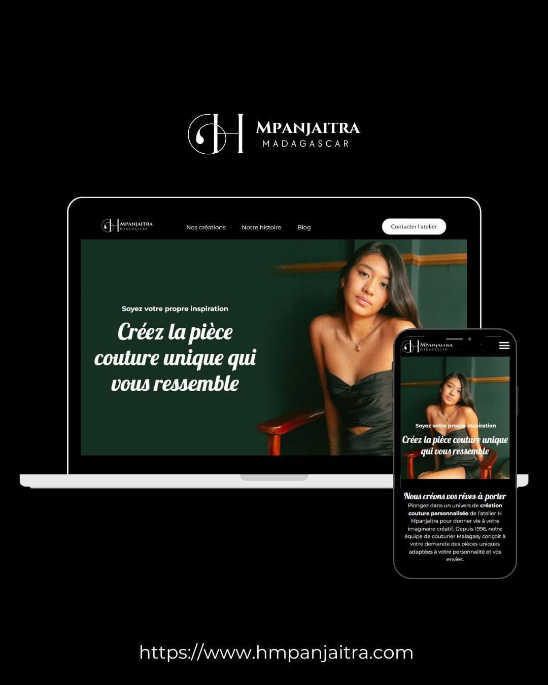 Publication Facebook annonçant la mise en ligne du site H Mpanjaitra Madagascar, avec mockup ordinateur portable et mobile