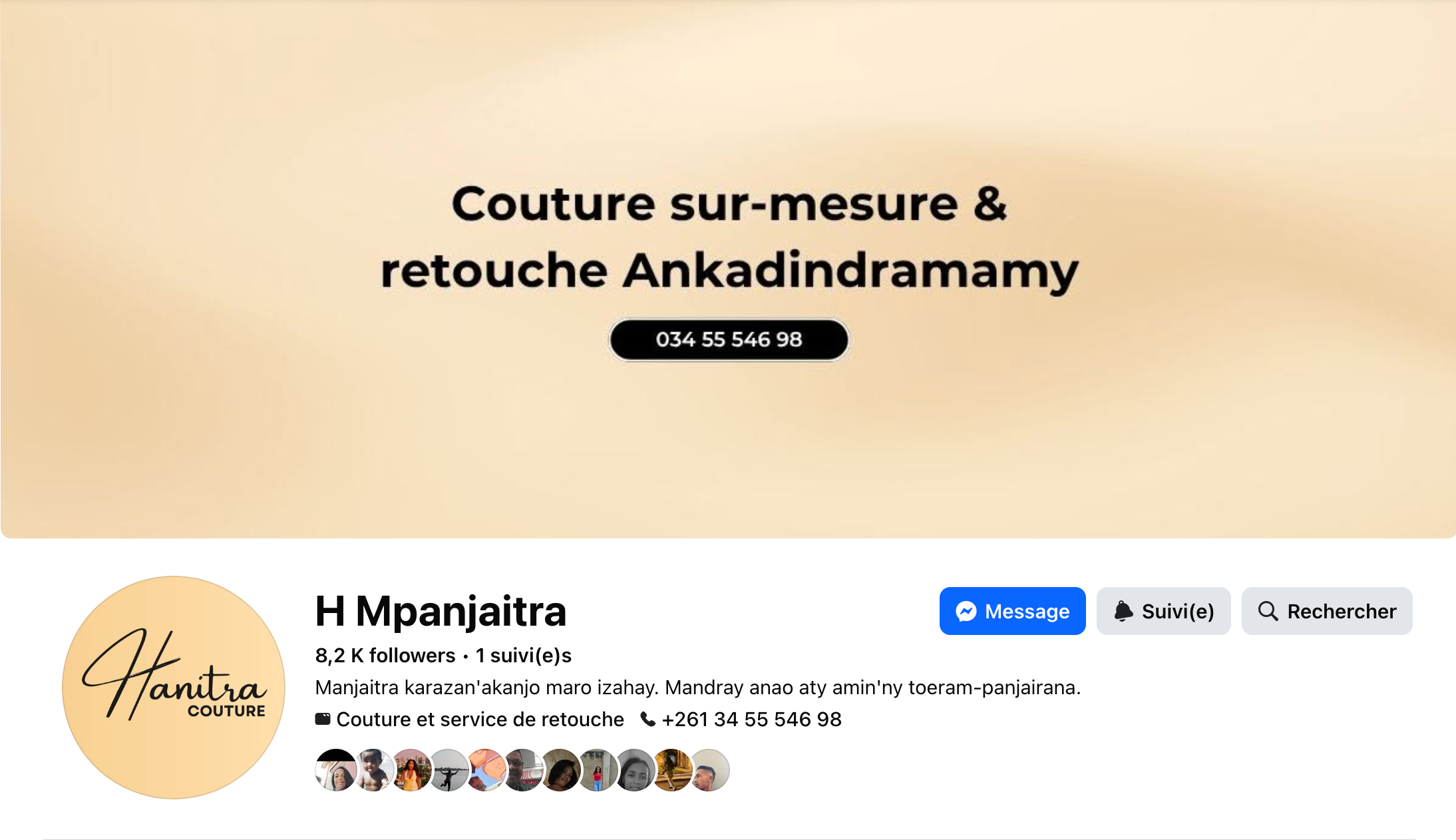 Page Facebook de la marque Hanitra Couture, 8 200 abonnés
